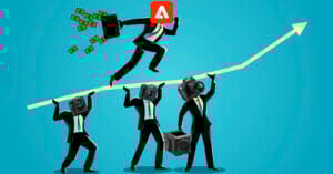 Illustration of three businesspeople with camera heads carrying another businessperson who has a road sign head toward an upward arrow, with money flying. represents support and progression in a creative or media-focused industry.