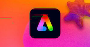 A multicolored, stylized 'A' logo is centered on a black square background. The backdrop features a gradient of warm colors blending from orange to pink, with a textured star shape in the upper right corner.