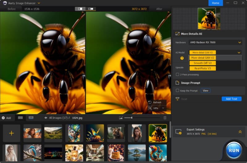 A screenshot of an AI image enhancer software interface. It shows a side-by-side comparison of a close-up photo of a bee on a flower, with the right side visibly sharper. The interface includes settings for adjusting AI model options, image prompts, and export settings.