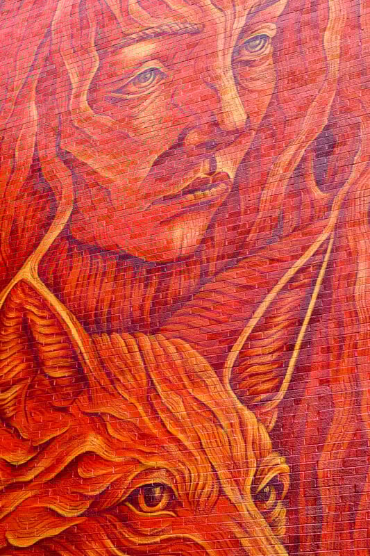 A vibrant mural depicting a woman with flowing red hair and intense gaze, alongside a fox in matching fiery hues, intricately painted on a textured, brick-like surface.