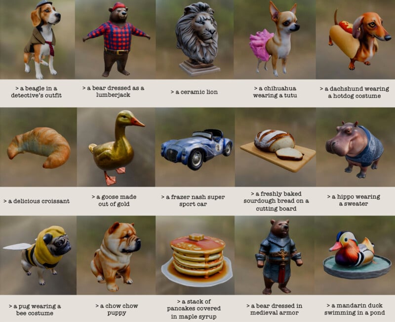 A grid of 16 varied images: a beagle in a detective's outfit, a bear dressed as a lumberjack, a ceramic lion, a chihuahua in a tutu, a dachshund wearing a hat, a delicious croissant, a gold goose, a Frazer Nash Super Sport car, sourdough bread, a hippo in a sweater, a pug in a bee costume, a cow puppy, a stack of pancakes in maple syrup, a bear in medieval armor, a Mandarin duck swimming.