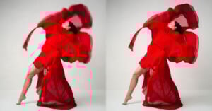 Prophesee Metavision Deblur technology example image. Woman wearing red dress.