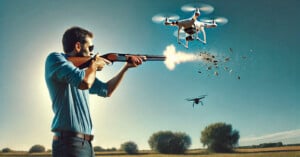 A man in a blue shirt takes aim and shoots a shotgun at a drone, causing it to explode mid-air. Another drone flies nearby in the clear, blue sky above a grassy, open field with scattered bushes in the background.